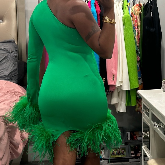 Green One Sleeve Custom Ostrich Feathers Bodycon Mini Dress - Picture 5 of 15